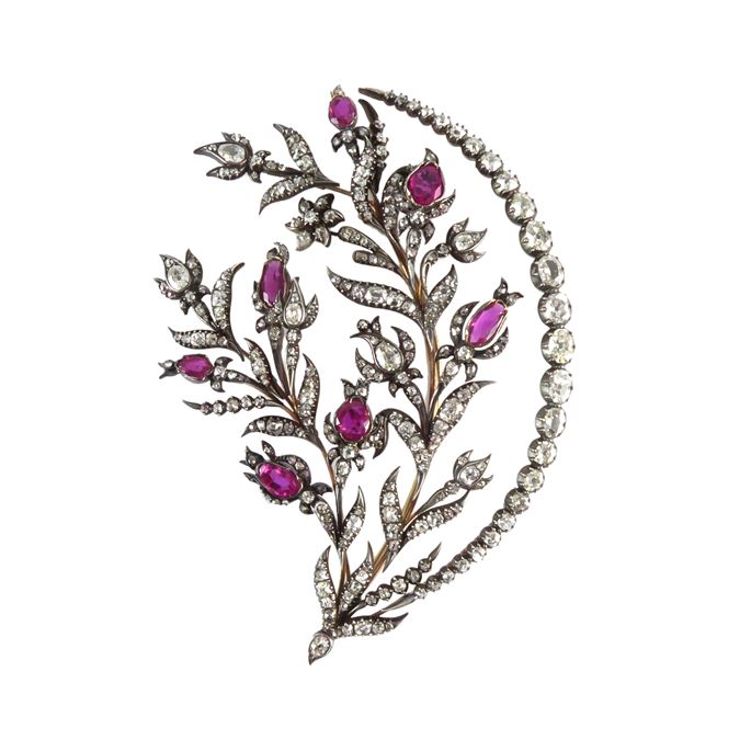 Ruby and diamond floral tremblant spray and crescent brooch | MasterArt